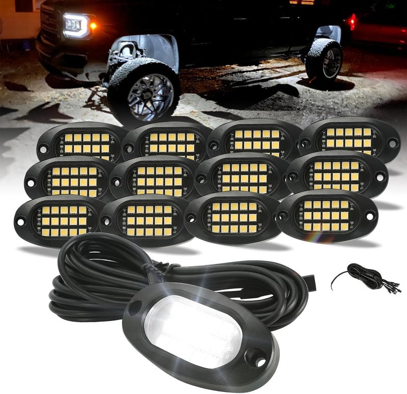 Winunite 12 Pods Quick Connect White Rock Lights, 4M Extension Wires Each Light, 15 SMD Chips, High Adhesive Stickers, 6000K Pure White, IP67 Waterproof, Fit for Trucks Trailer SUV ATV UTV - Image 1